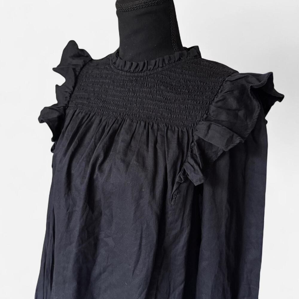 gap womens ruffle neck smocked pleated top sz S black‎ boxy victorian romantic